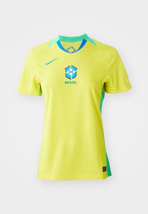 Nike Brasil fotbollströja i klar gul med turkosa accenter. Har CBF-logotyp och "BRASIL"-text. Kortsleeves och design med rund hals.