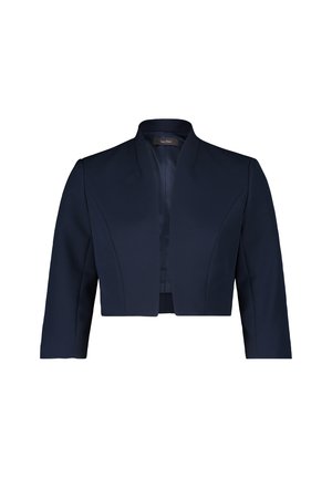 Veste courte bleu marine avec col mandarin, détails de coutures avant et manches longues. Fabriquée à partir d'un tissu lisse et structuré.