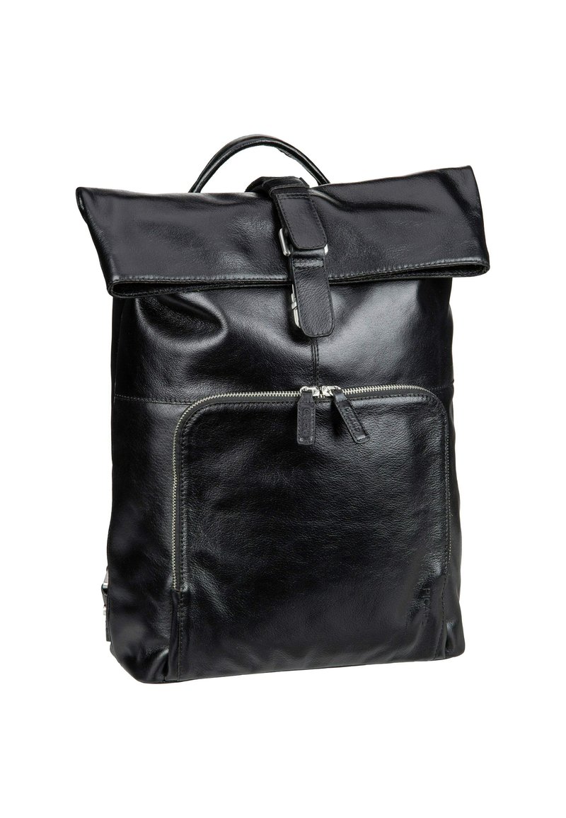 Mochila de cuero negro con un diseño de parte superior enrollable, bolsillo frontal con cremallera y asa resistente. Presenta una textura suave y acentos minimalistas.