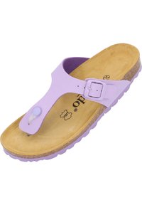 Infradito viola con una cinghia liscia e lucida e una fibbia. Presenta una soletta in sughero e una suola in gomma testurizzata.