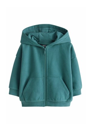 Teal zip-up hoodie made of soft cotton. Features a large hood, front pockets, and ribbed cuffs. Smooth texture with a relaxed fit.