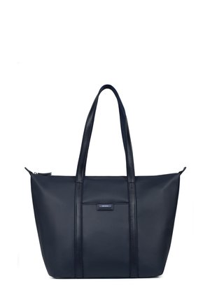 Granatowa torba na ramię wykonana z materiału syntetycznego o gładkiej, teksturowanej powierzchni. Posiada dwa uchwyty oraz małą, prostokątną naszywkę z logo.