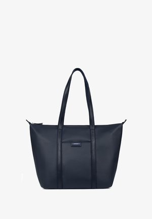 Navy blue tote bag made of synthetic material with smooth, textured surface. Features two handles and a small, rectangular logo patch.