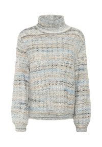 Szary sweter typu golf z dzianiny z niebieskimi i beżowymi poziomymi paskami, długimi rękawami oraz ściślejszymi mankietami i dołem.