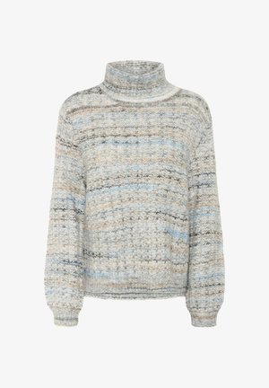 Hallidest hallist lõngast kootud kõrge kaelusega sviiter, millel on sinised ja beežid horisontaalsed triibud, pikad varrukad ning soonikkoes mansetid ja allserv.