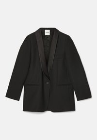 Blazer noir avec revers en satin, fermeture à un bouton, deux poches avant et épaules structurées. Coupe ajustée avec une texture lisse.