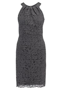 Robe en dentelle gris foncé avec un col haut et des détails plissés au niveau du buste. Silhouette ajustée avec un ourlet à bordure festonnée.