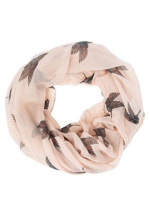 Light pink infinity scarf with printed dark brown and teal hummingbirds scattered across the fabric, soft and lightweight material.