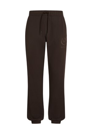 Brązowe spodnie dresowe wykonane z miękkiego materiału, z elastycznym pasem, sznurkiem i elastycznymi mankietami. Charakteryzują się subtelnym logo na udzie.