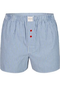 Modré a bílé pruhované trenýrky s červenými knoflíky vepředu, vybavené elastickým pasem a jedním detailem zadní kapsy.