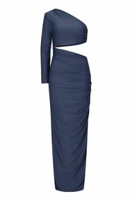 Navyblauwe jurk met één lange mouw, uitsnijding aan de zijkant en geplooide structuur. Gemaakt van gladde, stretchy stof, met een getailleerde pasvorm.