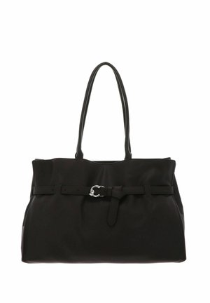 Schwarze Leder-Shopper-Tasche mit doppelten Griffen und einem dekorativen Gürtel mit silberner Schnalle vorne.
