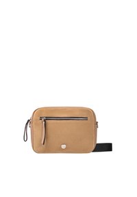 Torbica od smešnog suede materijala, u obliku crossbody, sa prednjim zip džepom, kožnim detaljima i crnom podesivom trakom. Glatke teksture i minimalističkog dizajna.