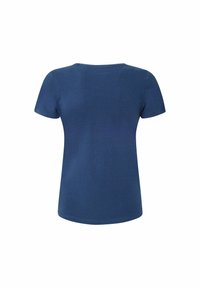 T-shirt bleu marine à manches courtes avec un col ras du cou, fabriqué en tissu doux, présentant une texture lisse et une silhouette simple.