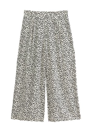 Zwart-wit brede broek met een stippenpatroon, elastische tailleband en lichte stof voor comfort.