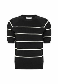Black short-sleeve sweater with horizontal white stripes, crew neck, and ribbed hem. Made of soft knit material, featuring raglan sleeves.