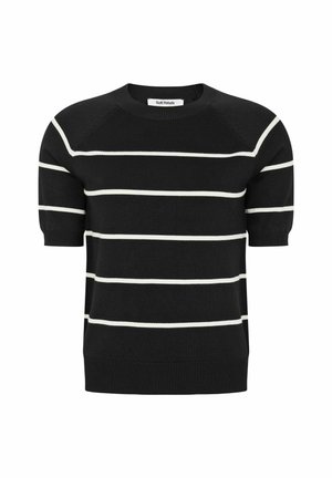 Black short-sleeve sweater with horizontal white stripes, crew neck, and ribbed hem. Made of soft knit material, featuring raglan sleeves.