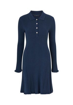 Navy ribbed dress with long sleeves, a polo collar, five-button placket, and flared hem; textured fabric with subtle ribbing detail.