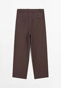 Bruine gestreepte broek met een recht model, voorzien van een tailleband met riemlussen en een achterzak. Textuurstof.