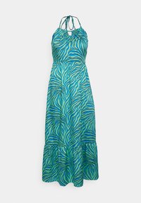 Robe maxi à motif zèbre bleu et vert, fabriquée en tissu léger. Elle présente des bretelles halter et un ourlet à volants.