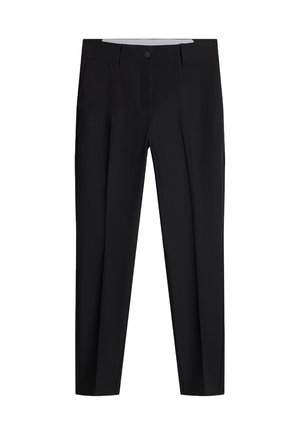 Pantaloni neri con una vestibilità sartoriale, dotati di chiusura con bottone, passanti per cintura e due tasche frontali. Tessuto liscio senza motivi visibili.