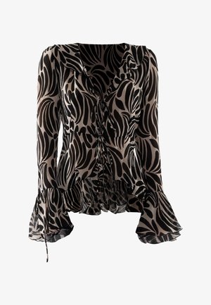 Mustmust ja kreemikas pluus pikkae varrukatega, volangkäistega ja lehtede mustriga. Materjal tundub kerge ja läbipaistev ning esiküljel on sidumisliit.