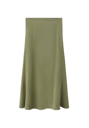 Falda midi verde de talle alto con ligera campana y tejido texturizado, con una sencilla cintura cosida.