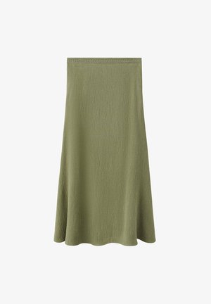 Jupe midi verte taille haute avec une légère évasée et un tissu texturé, dotée d'une ceinture simple cousue.