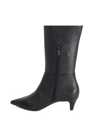 Botte mi-mollet en cuir noir avec bout pointu, fermeture éclair latérale et petit talon kitten.