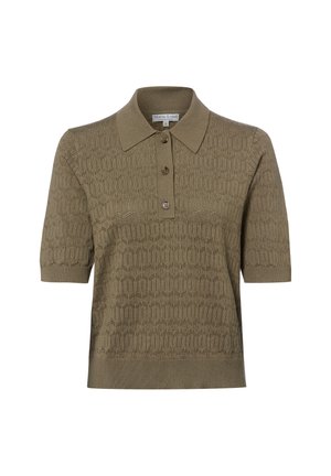 Kurzärmeliges olivgrünes Strick-Poloshirt mit geometrischem Muster und drei Knöpfen auf der Vorderleiste.