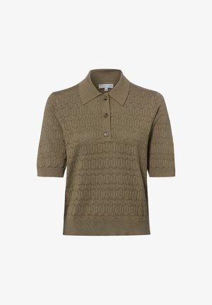 Korte mouw olijfgroene gebreide poloshirt met geometrisch patroon en drie knopen op het voorvlak.