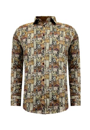 Meer gekleurde blouse met geometrisch patroon in bruin, crème en zwart. Voorzien van lange mouwen en een klassiek kraagontwerp.