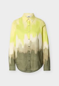 Hosszú ujjú, gombos ing hegyes gallérral, sárga, fehér és olívazöld árnyalatú átmenetes mintázattal.