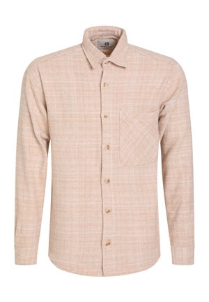 Camisa de manga larga color beige claro, hecha de una tela texturizada con un patrón de cuadros, que cuenta con un bolsillo en el pecho y botones de madera.