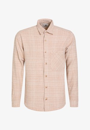 Svetlo bež srajca z dolgimi rokavi, izdelana iz teksturirane tkanine s karirastim vzorcem, z žepom na prsih in lesenimi gumbi.