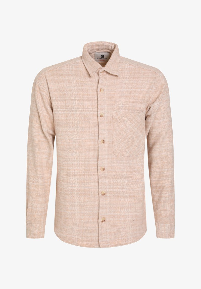 Camicia a maniche lunghe di un beige chiaro, realizzata in tessuto strutturato con un motivo a scacchi, dotata di taschino sul petto e bottoni in legno.