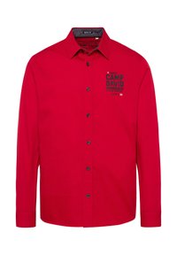 Rotes Langarmhemd aus Baumwolle mit Button-Down-Kragen, schwarzen Knöpfen und einem im Dunkelgrau bedruckten Logo auf der Brust.