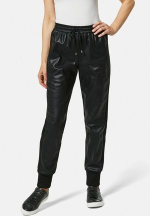 Schwarze Jogginghosen aus synthetischem Leder mit elastischem Bund und Kordelzug, ausgestattet mit seitlichen Reißverschlusstaschen und gerippten Bündchen für eine taillierte Passform.