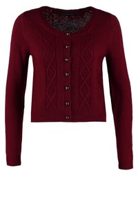 Bordeauxfarbener Strickcardigan mit langen Ärmeln, rundem Ausschnitt, Knopfverschluss vorne und rautenförmigem Muster auf dem Körper.
