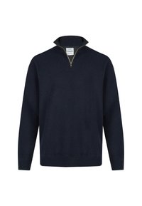 Dunkelblauer Pullover mit hohem Kragen und goldenem Reißverschluss, aus einem weichen Strickstoff gefertigt, mit langen Ärmeln und einem lockeren Schnitt.