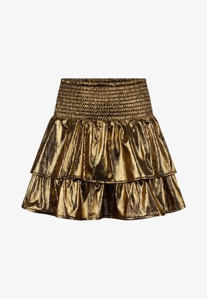Mini-jupe plissée dorée avec une taille smockée, présentant une texture métallique brillante et deux volants superposés.