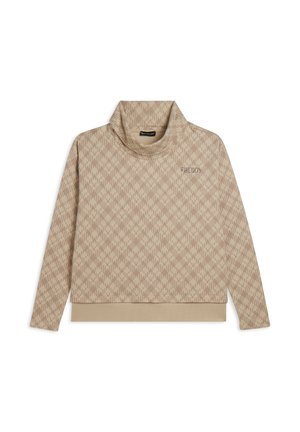 Pullover beige con una texture a motivo, dotato di un colletto alto, maniche lunghe e orlo a costine. Logo mostrato in modo discreto sul davanti.