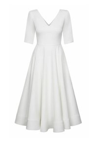 Biała sukienka do kolan z dekoltem w kształcie litery V i krótkimi rękawami. Rozkloszowany dół i gładka struktura, z szerokim wykończeniem u dołu.