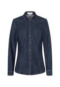 Dark denim shirt with a fitted design, long sleeves, pointed collar, and six button closure. It features contrasting stitching and subtle seams.