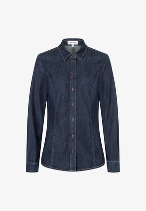 Dunkelblaues Denim-Hemd mit figürlicher Passform, langen Ärmeln, spitzem Kragen und sechsknöpfigem Verschluss. Es zeichnet sich durch kontrastierende Nähte und dezente Abnäher aus.