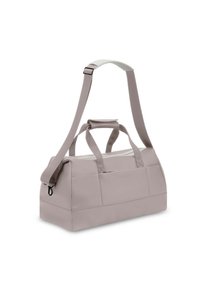 Hellgraue Reisetasche aus strapazierfähigem Stoff, ausgestattet mit einem oberen Griff, verstellbarem Schultergurt und einer vorderen Reißverschlusstasche zur Aufbewahrung.