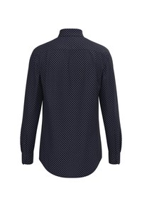 Granatowa koszula z długim rękawem, w małe białe kropki, z kołnierzykiem zapinanym na guziki i zaokrąglonym dołem. Gładki materiał, slim fit.