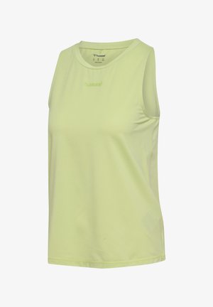 Mouwloze lichtgele sporttanktop met ronde hals en klein reliëf merklogo, gecentreerd bij de kraag.