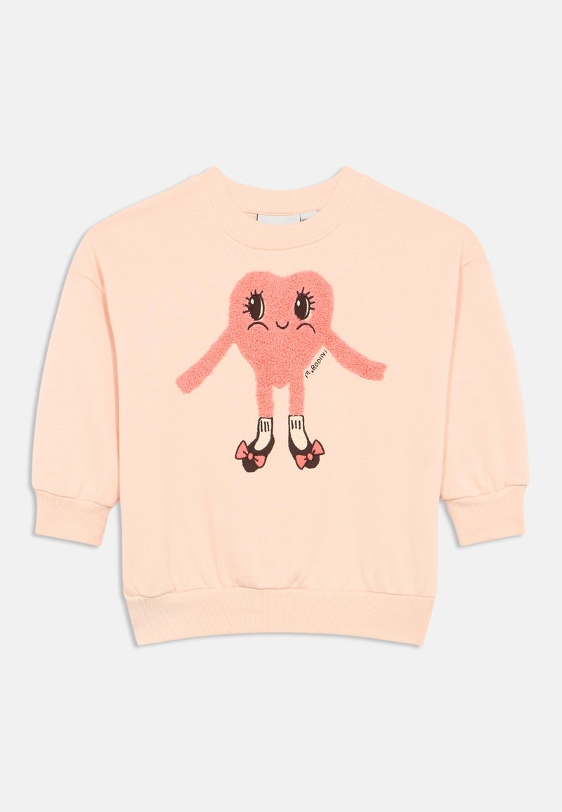 Felpa rosa con una grafica di un personaggio a forma di cuore in peluche, dotato di grandi occhi e arti. Polsini e orlo a coste con dettagli di design in contrasto.