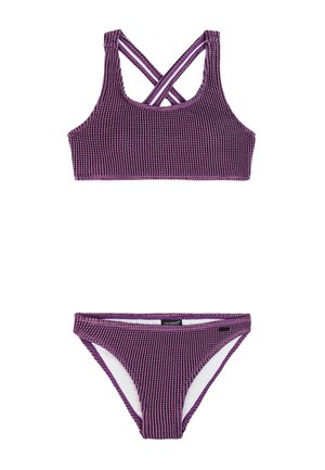 Purple textured two-piece swimsuit with crisscross straps on the top and matching low-rise bikini bottoms.